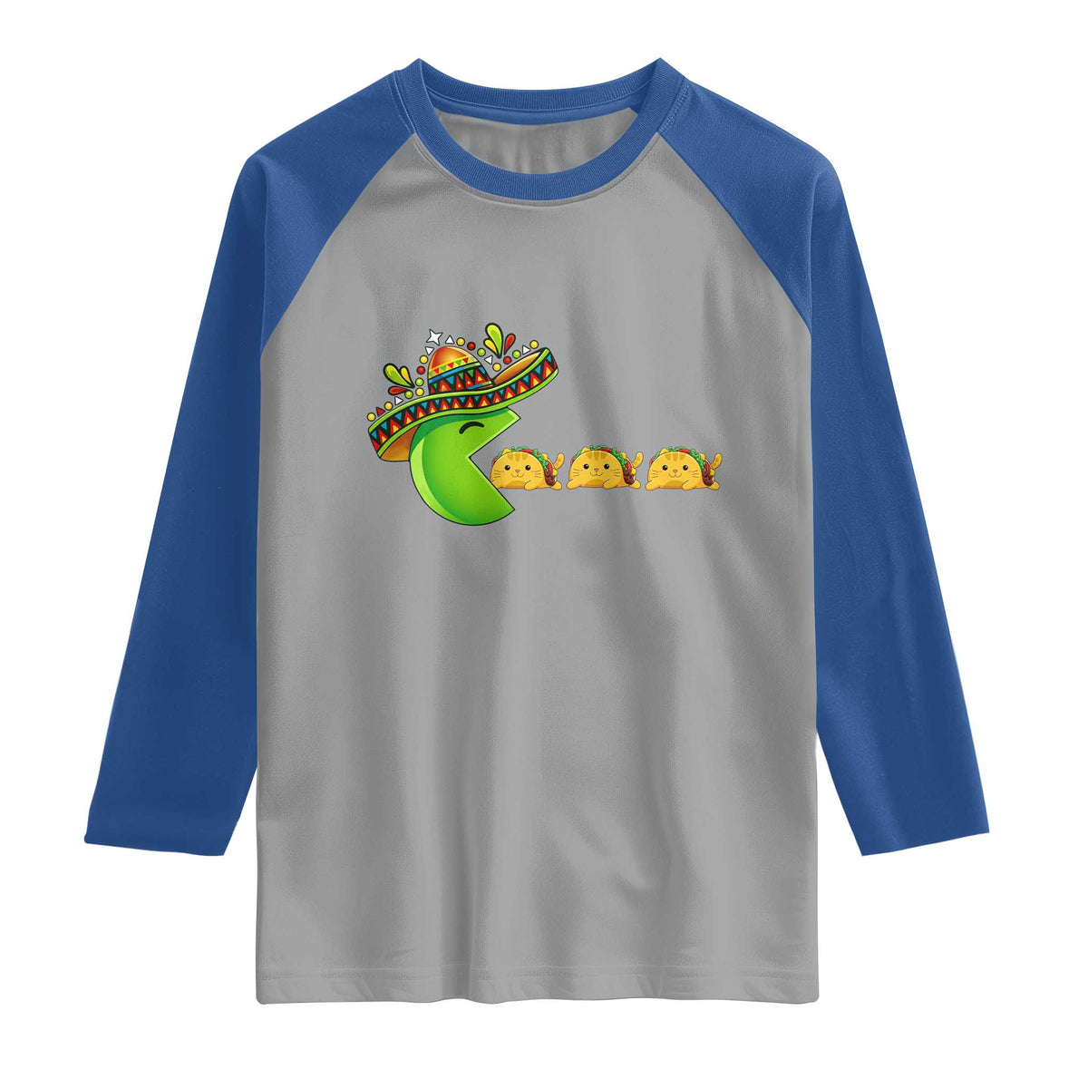 Cinco De Mayo Retro Game Raglan Shirt Funny Sombrero Character Chasing Taco Cat TS12 Sport Gray Royal Print Your Wear