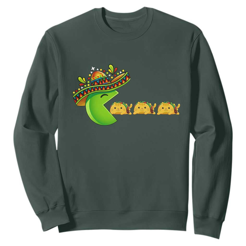 Cinco De Mayo Retro Game Sweatshirt Funny Sombrero Character Chasing Taco Cat TS12 Dark Forest Green Print Your Wear