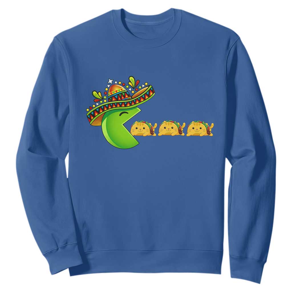 Cinco De Mayo Retro Game Sweatshirt Funny Sombrero Character Chasing Taco Cat TS12 Royal Blue Print Your Wear