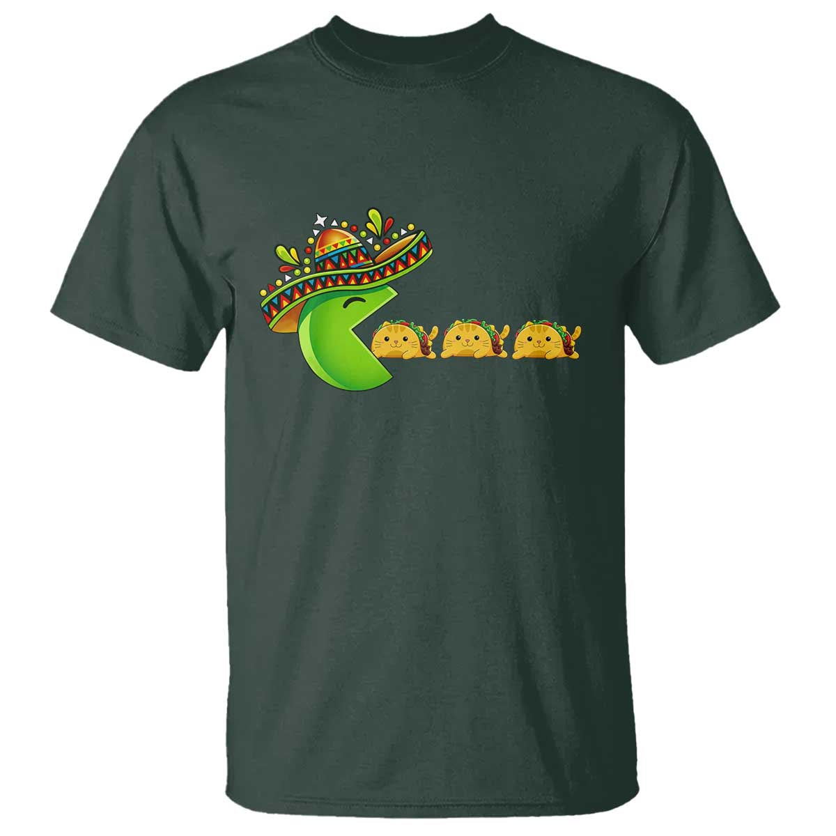 Cinco De Mayo Retro Game T Shirt Funny Sombrero Character Chasing Taco Cat TS12 Dark Forest Green Print Your Wear