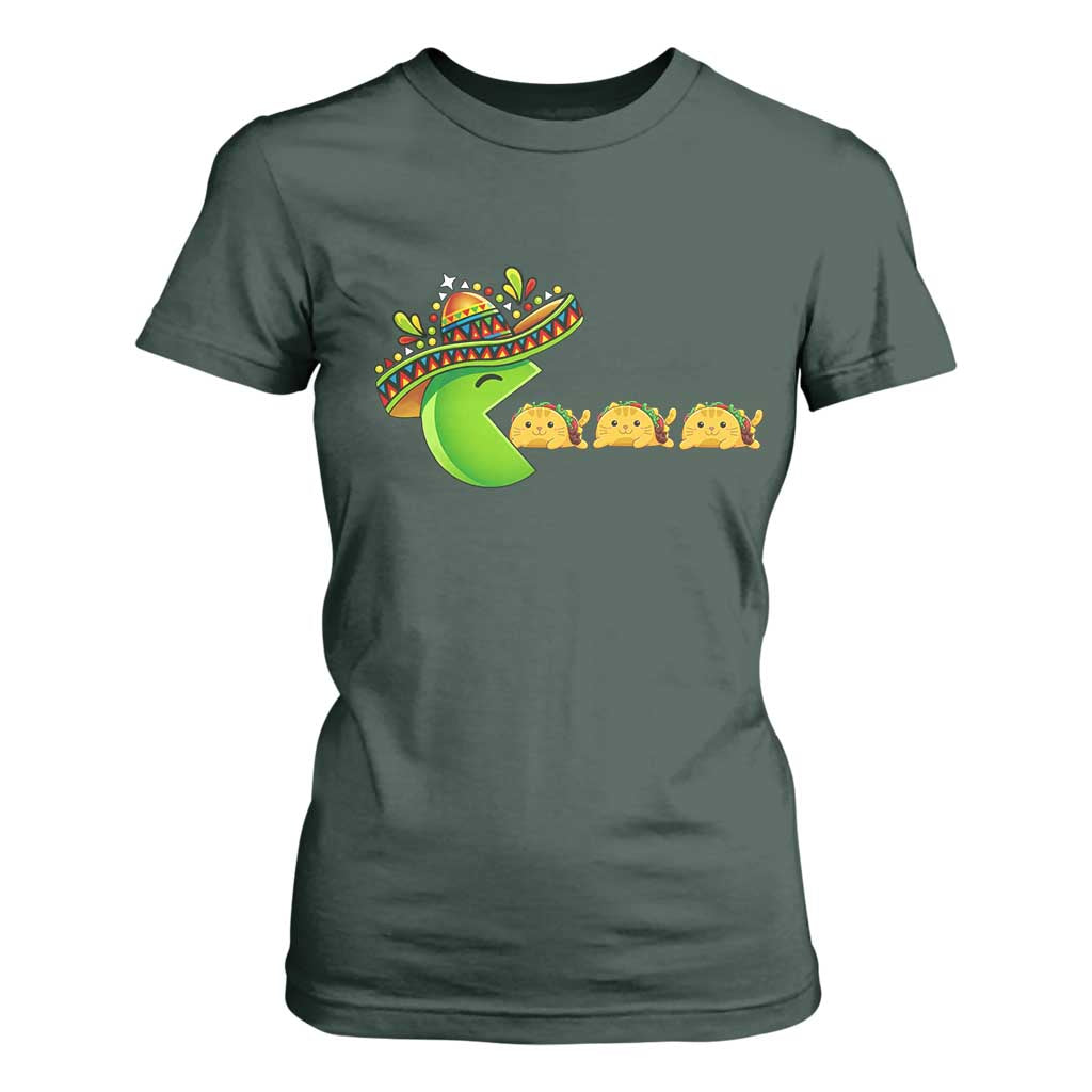 Cinco De Mayo Retro Game T Shirt For Women Funny Sombrero Character Chasing Taco Cat TS12 Dark Forest Green Print Your Wear