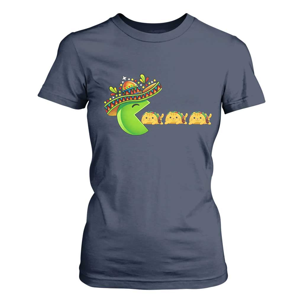 Cinco De Mayo Retro Game T Shirt For Women Funny Sombrero Character Chasing Taco Cat TS12 Navy Print Your Wear