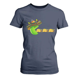 Cinco De Mayo Retro Game T Shirt For Women Funny Sombrero Character Chasing Taco Cat TS12 Navy Print Your Wear
