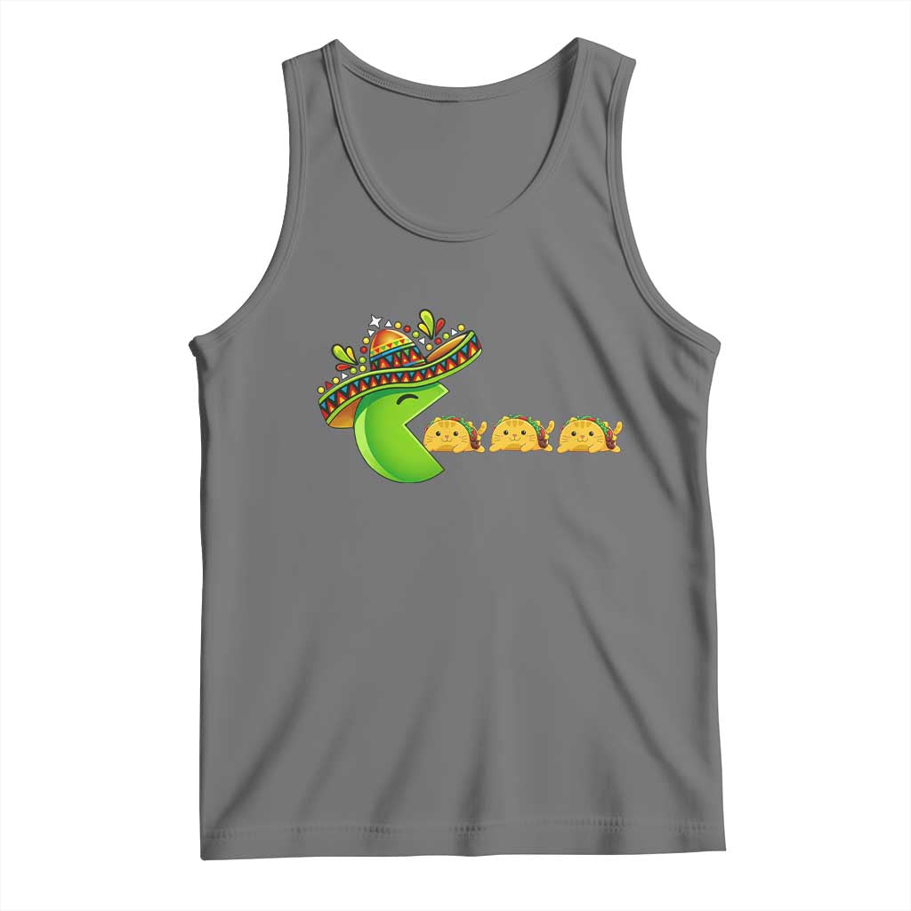 Cinco De Mayo Retro Game Tank Top Funny Sombrero Character Chasing Taco Cat TS12 Black Heather Print Your Wear