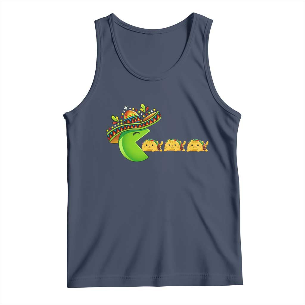 Cinco De Mayo Retro Game Tank Top Funny Sombrero Character Chasing Taco Cat TS12 Navy Print Your Wear