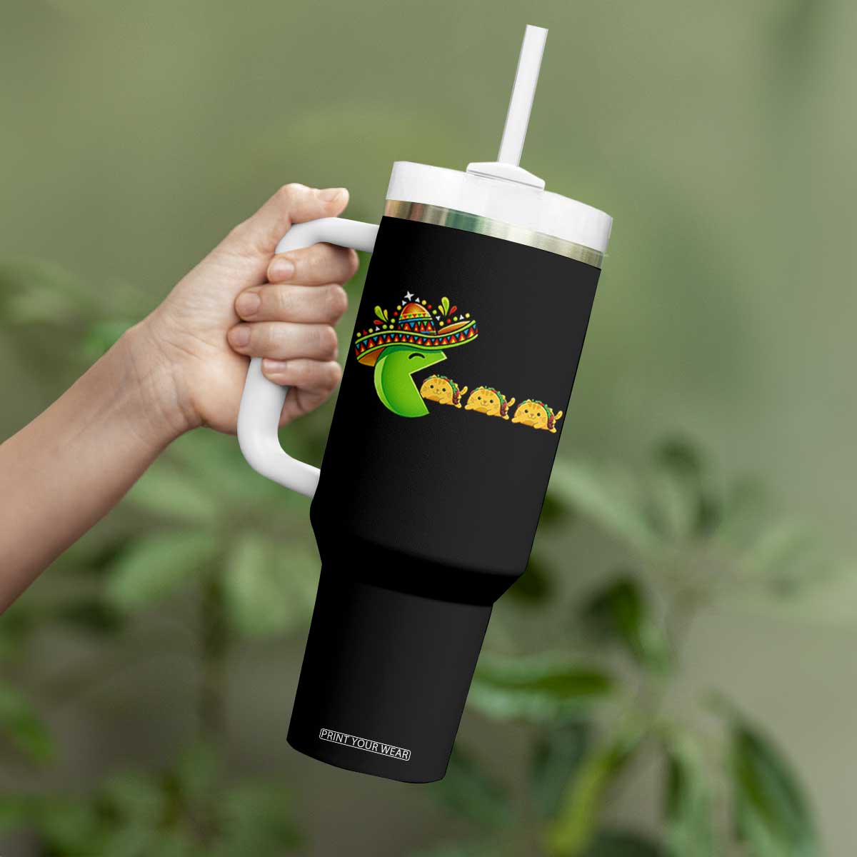 Cinco De Mayo Retro Game Tumbler With Handle Funny Sombrero Character Chasing Taco Cat TS12 Print Your Wear