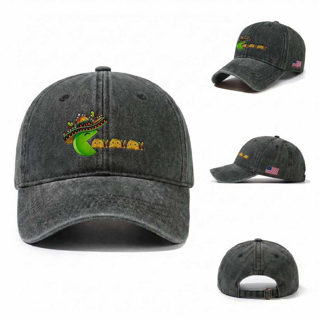 Cinco De Mayo Retro Game Washed Cotton Baseball Cap Funny Sombrero Character Chasing Taco Cat TS12 Washed Cap Universal Fit Dark Green Print Your Wear