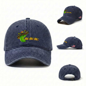 Cinco De Mayo Retro Game Washed Cotton Baseball Cap Funny Sombrero Character Chasing Taco Cat TS12 Washed Cap Universal Fit Navy Print Your Wear