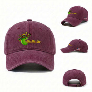 Cinco De Mayo Retro Game Washed Cotton Baseball Cap Funny Sombrero Character Chasing Taco Cat TS12 Washed Cap Universal Fit Burgundy Print Your Wear