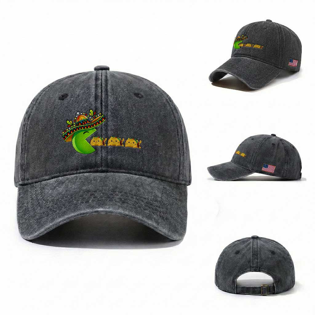 Cinco De Mayo Retro Game Washed Cotton Baseball Cap Funny Sombrero Character Chasing Taco Cat TS12 Washed Cap Universal Fit Dark Gray Print Your Wear