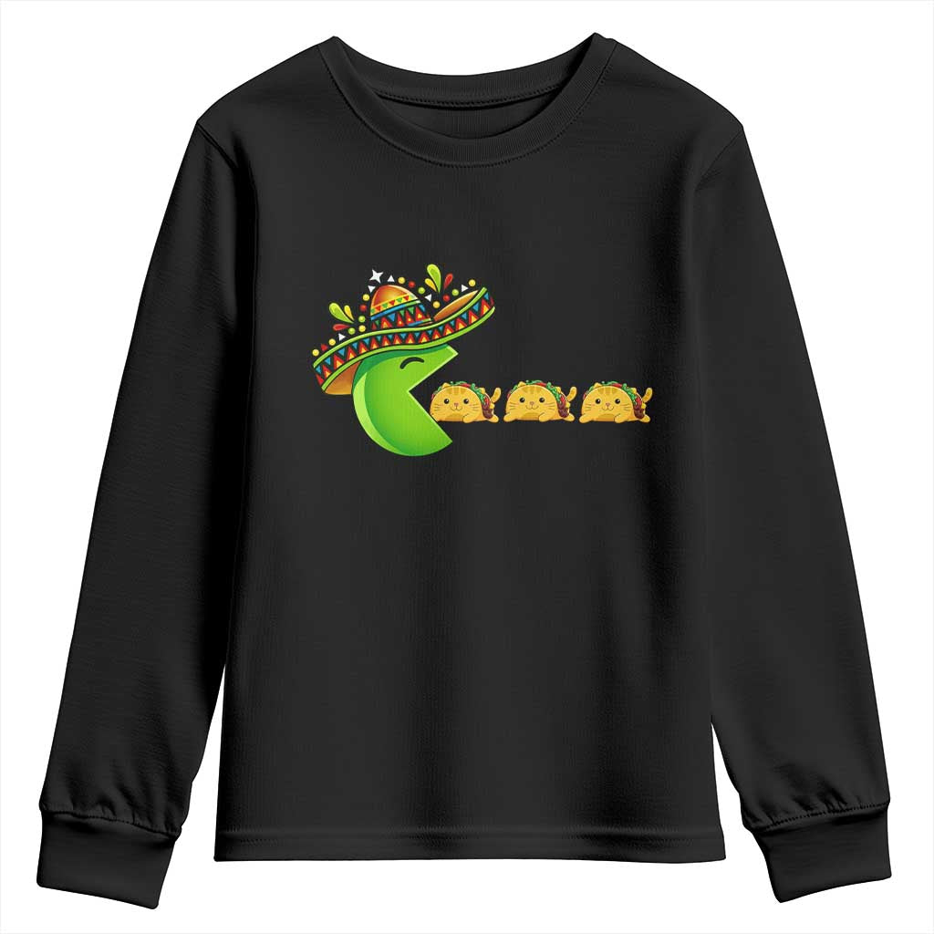Cinco De Mayo Retro Game Youth Sweatshirt Funny Sombrero Character Chasing Taco Cat TS12 Black Print Your Wear