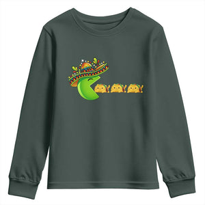 Cinco De Mayo Retro Game Youth Sweatshirt Funny Sombrero Character Chasing Taco Cat TS12 Dark Forest Green Print Your Wear
