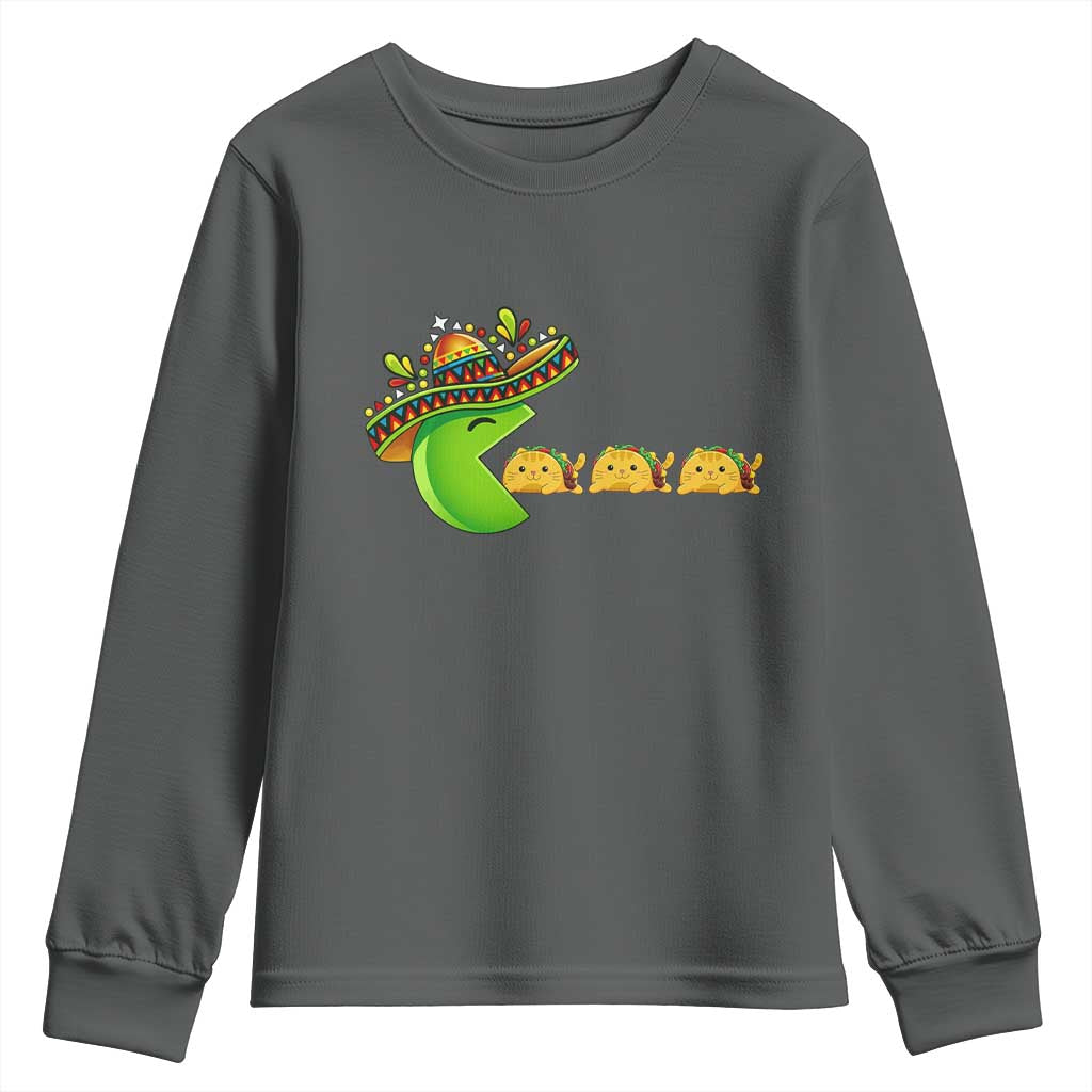 Cinco De Mayo Retro Game Youth Sweatshirt Funny Sombrero Character Chasing Taco Cat TS12 Dark Heather Print Your Wear