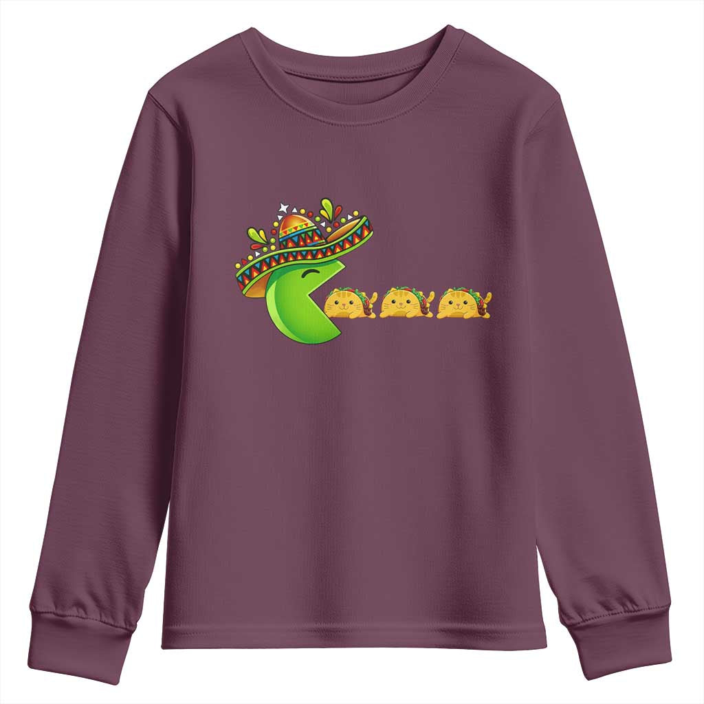 Cinco De Mayo Retro Game Youth Sweatshirt Funny Sombrero Character Chasing Taco Cat TS12 Maroon Print Your Wear