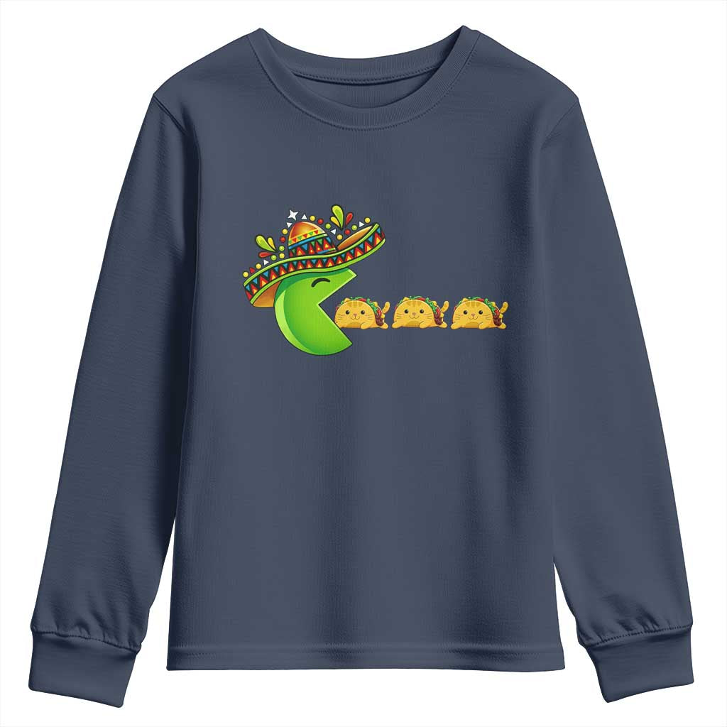 Cinco De Mayo Retro Game Youth Sweatshirt Funny Sombrero Character Chasing Taco Cat TS12 Navy Print Your Wear