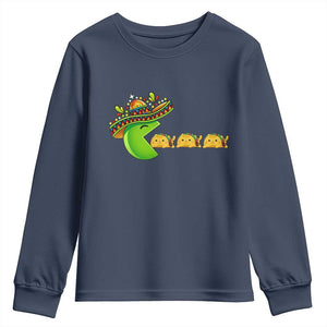 Cinco De Mayo Retro Game Youth Sweatshirt Funny Sombrero Character Chasing Taco Cat TS12 Navy Print Your Wear