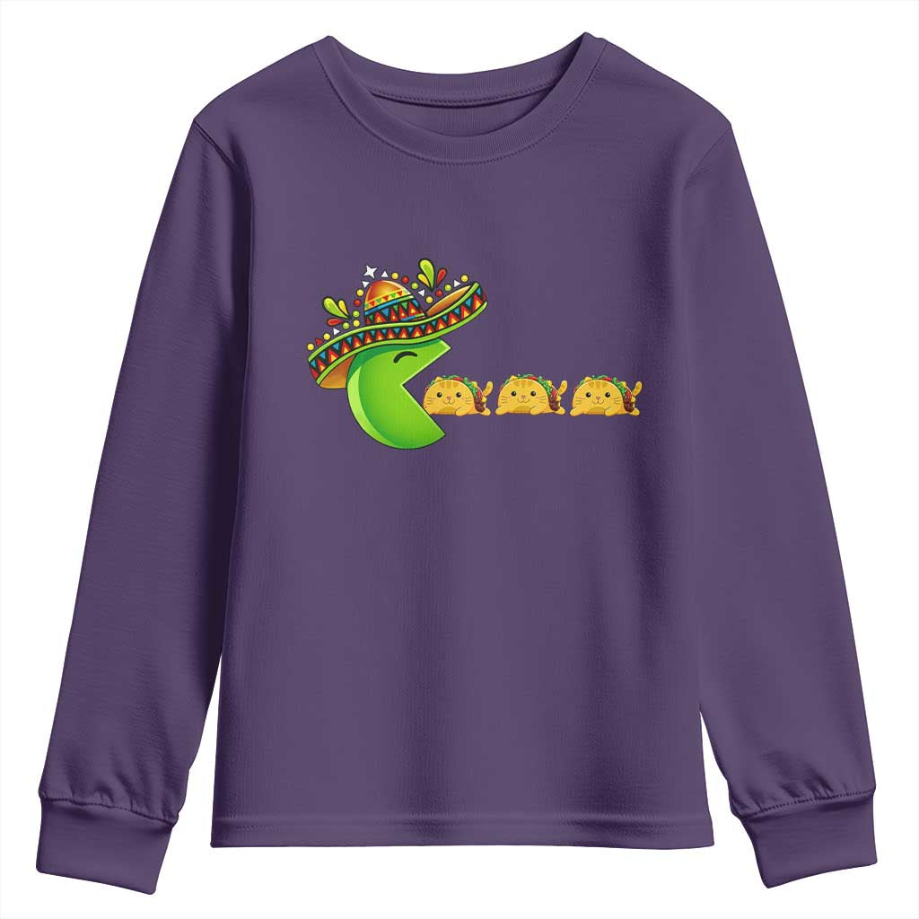 Cinco De Mayo Retro Game Youth Sweatshirt Funny Sombrero Character Chasing Taco Cat TS12 Purple Print Your Wear