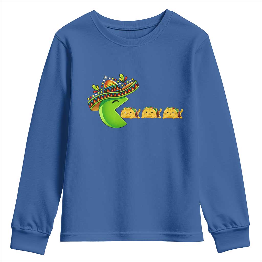 Cinco De Mayo Retro Game Youth Sweatshirt Funny Sombrero Character Chasing Taco Cat TS12 Royal Blue Print Your Wear