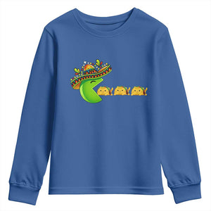 Cinco De Mayo Retro Game Youth Sweatshirt Funny Sombrero Character Chasing Taco Cat TS12 Royal Blue Print Your Wear
