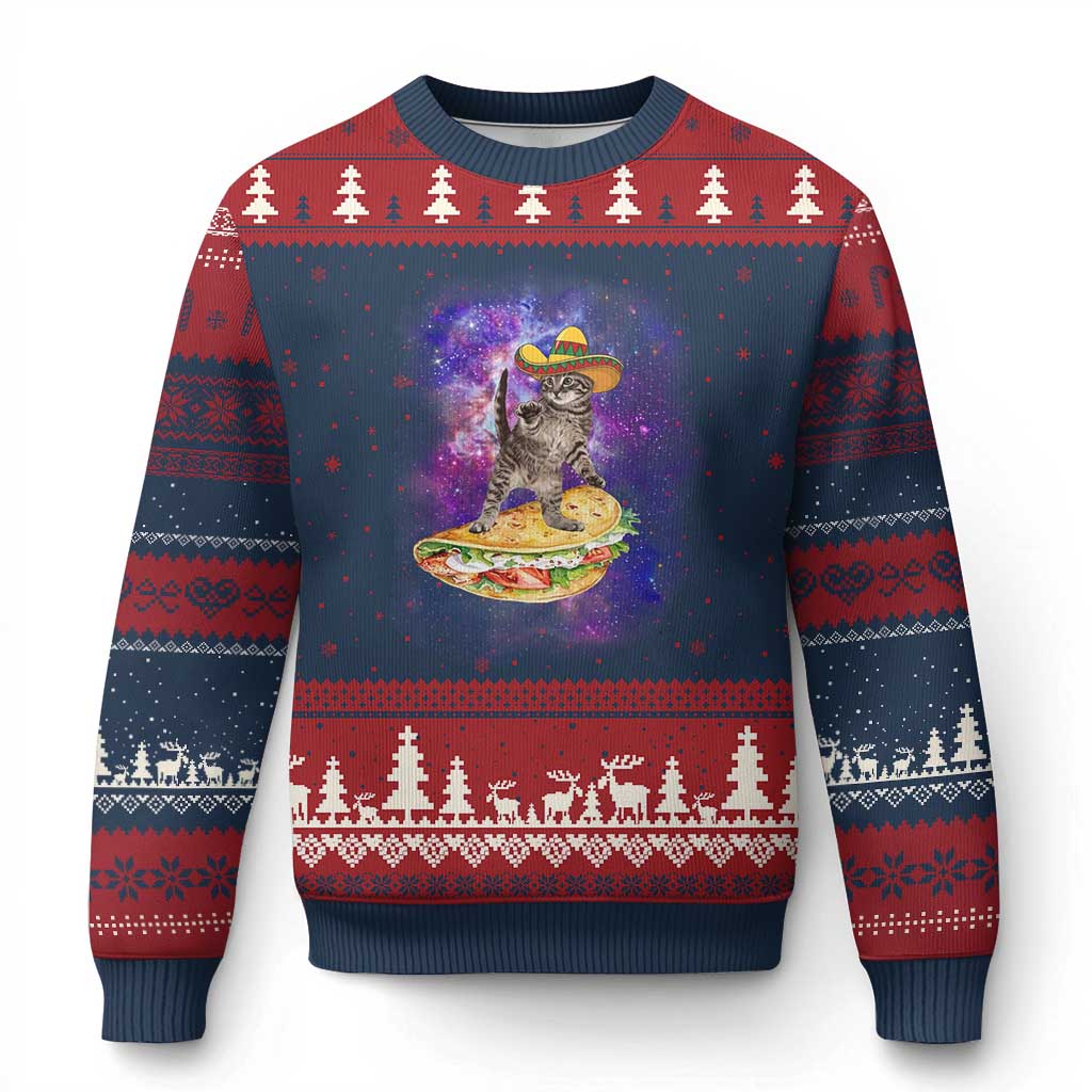 Funny Cinco De Mayo Cat Ugly Christmas Sweater Astronaut Kitten Flying A Taco TS12 Navy Red Print Your Wear