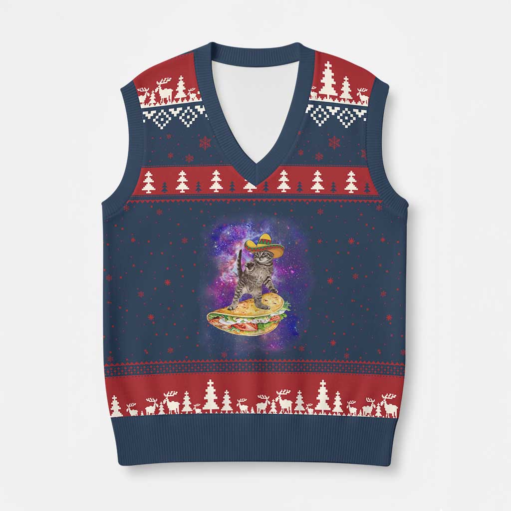 Funny Cinco De Mayo Cat V-Neck Knit Sweater Vest Astronaut Kitten Flying A Taco TS12 Navy Red Print Your Wear