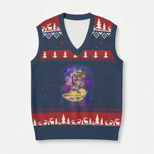Funny Cinco De Mayo Cat V-Neck Knit Sweater Vest Astronaut Kitten Flying A Taco TS12 Navy Red Print Your Wear