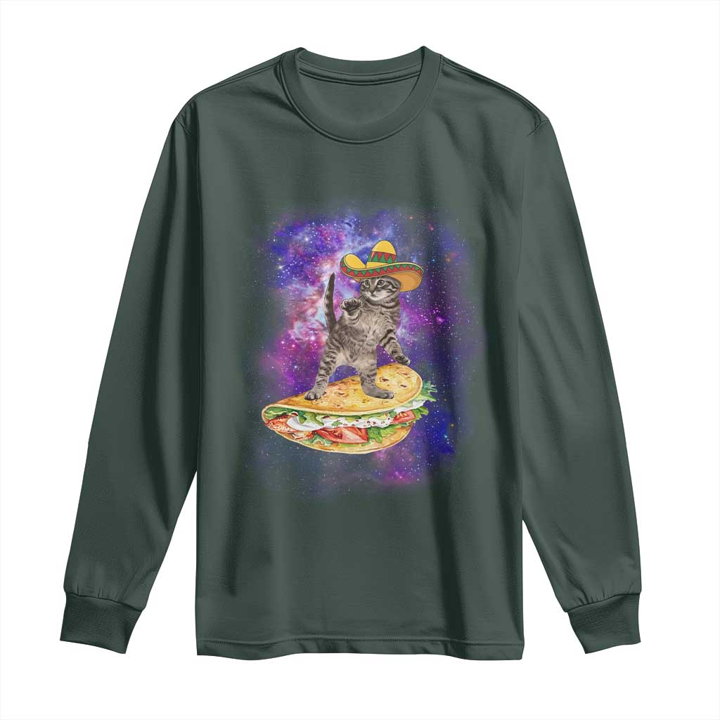 Funny Cinco De Mayo Cat Long Sleeve Shirt Astronaut Kitten Flying A Taco TS12 Dark Forest Green Print Your Wear