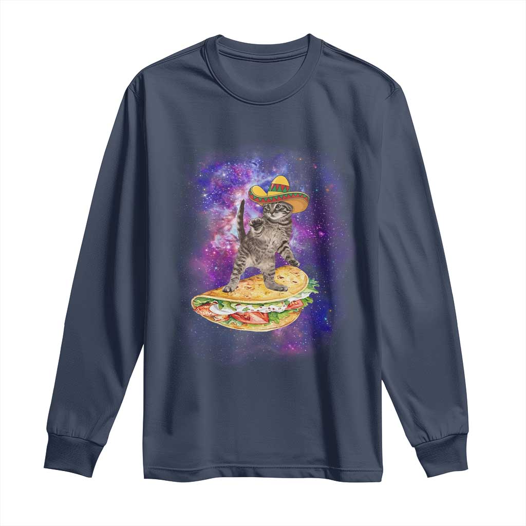 Funny Cinco De Mayo Cat Long Sleeve Shirt Astronaut Kitten Flying A Taco TS12 Navy Print Your Wear