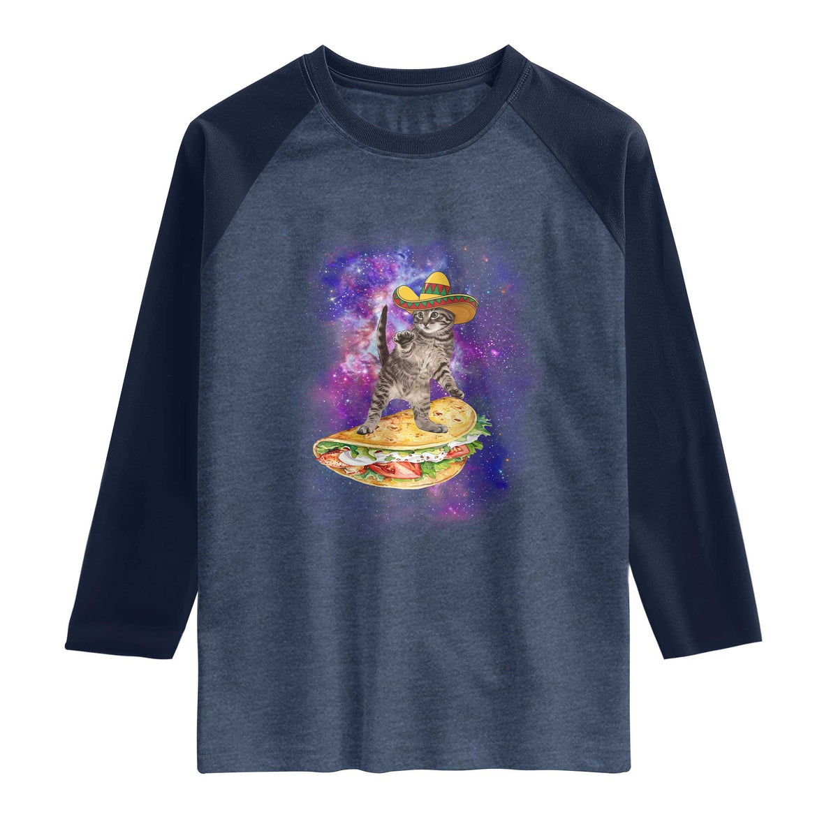 Funny Cinco De Mayo Cat Raglan Shirt Astronaut Kitten Flying A Taco TS12 Heather Denim Navy Print Your Wear