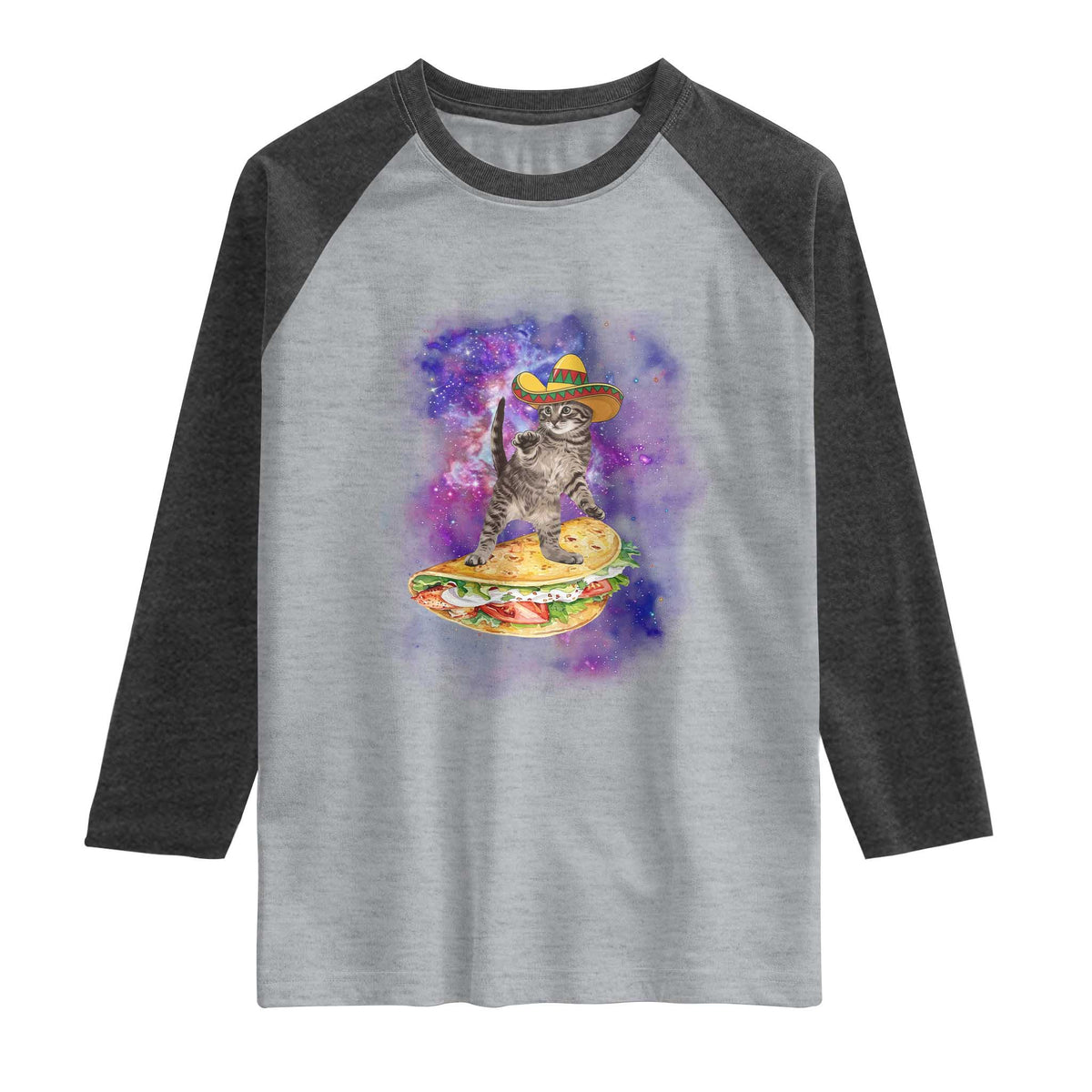 Funny Cinco De Mayo Cat Raglan Shirt Astronaut Kitten Flying A Taco TS12 Heather Gray Heather Charcoal Print Your Wear