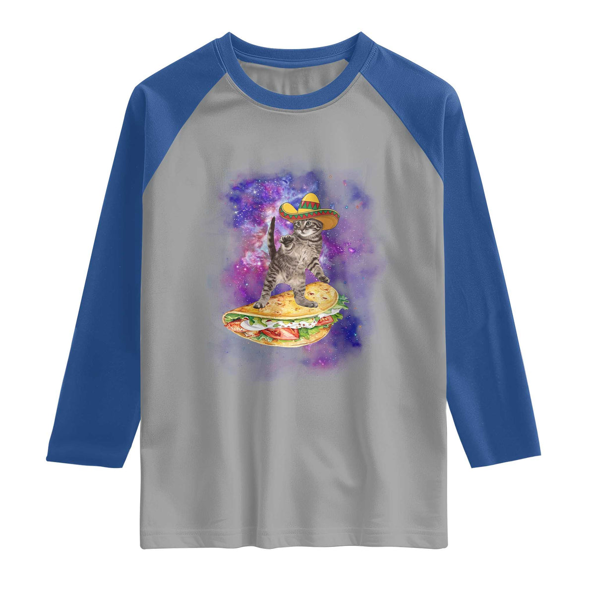 Funny Cinco De Mayo Cat Raglan Shirt Astronaut Kitten Flying A Taco TS12 Sport Gray Royal Print Your Wear