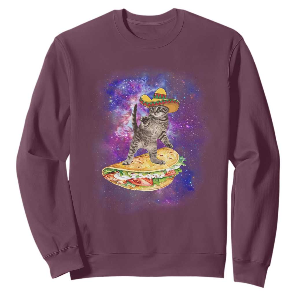 Funny Cinco De Mayo Cat Sweatshirt Astronaut Kitten Flying A Taco TS12 Maroon Print Your Wear