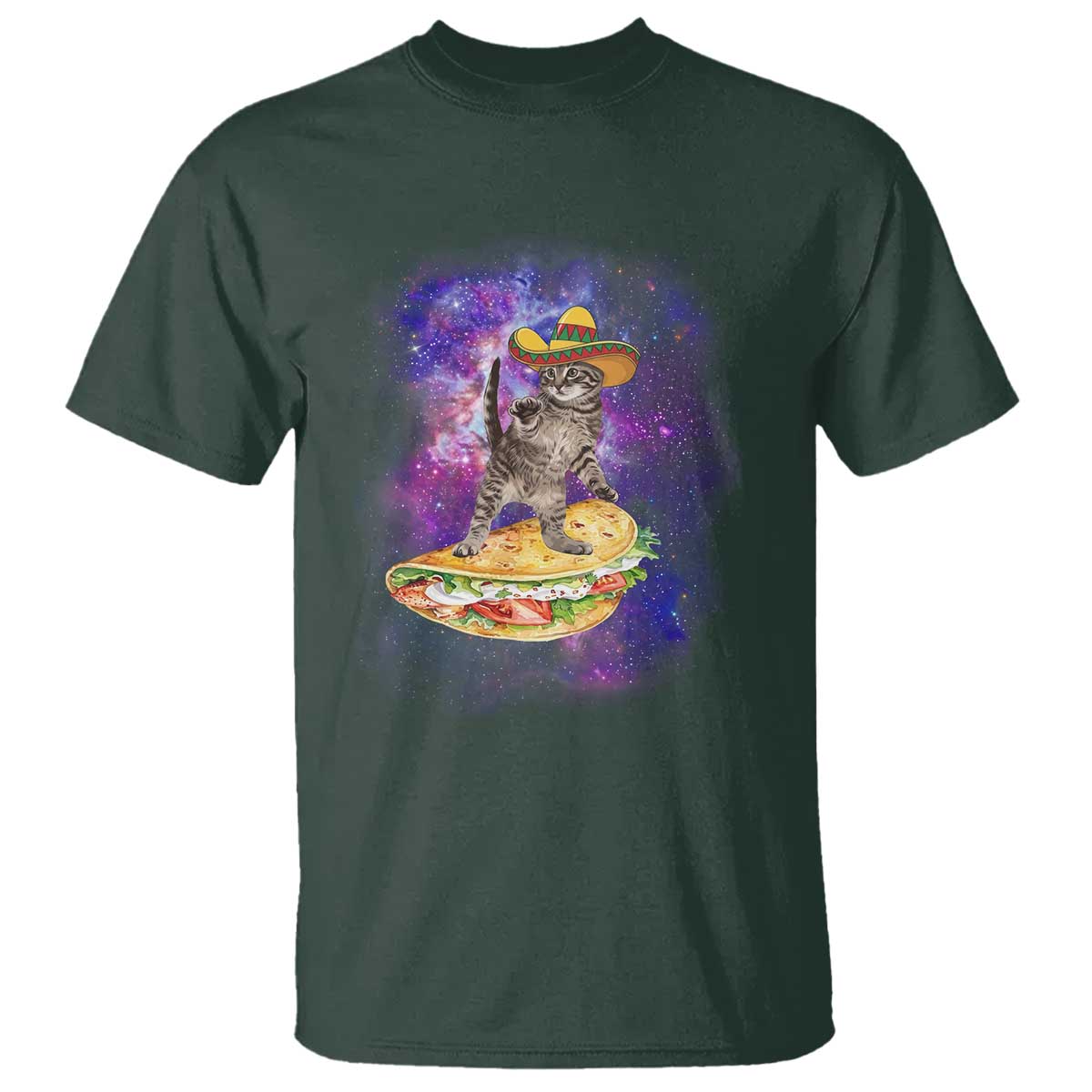 Funny Cinco De Mayo Cat T Shirt Astronaut Kitten Flying A Taco TS12 Dark Forest Green Print Your Wear