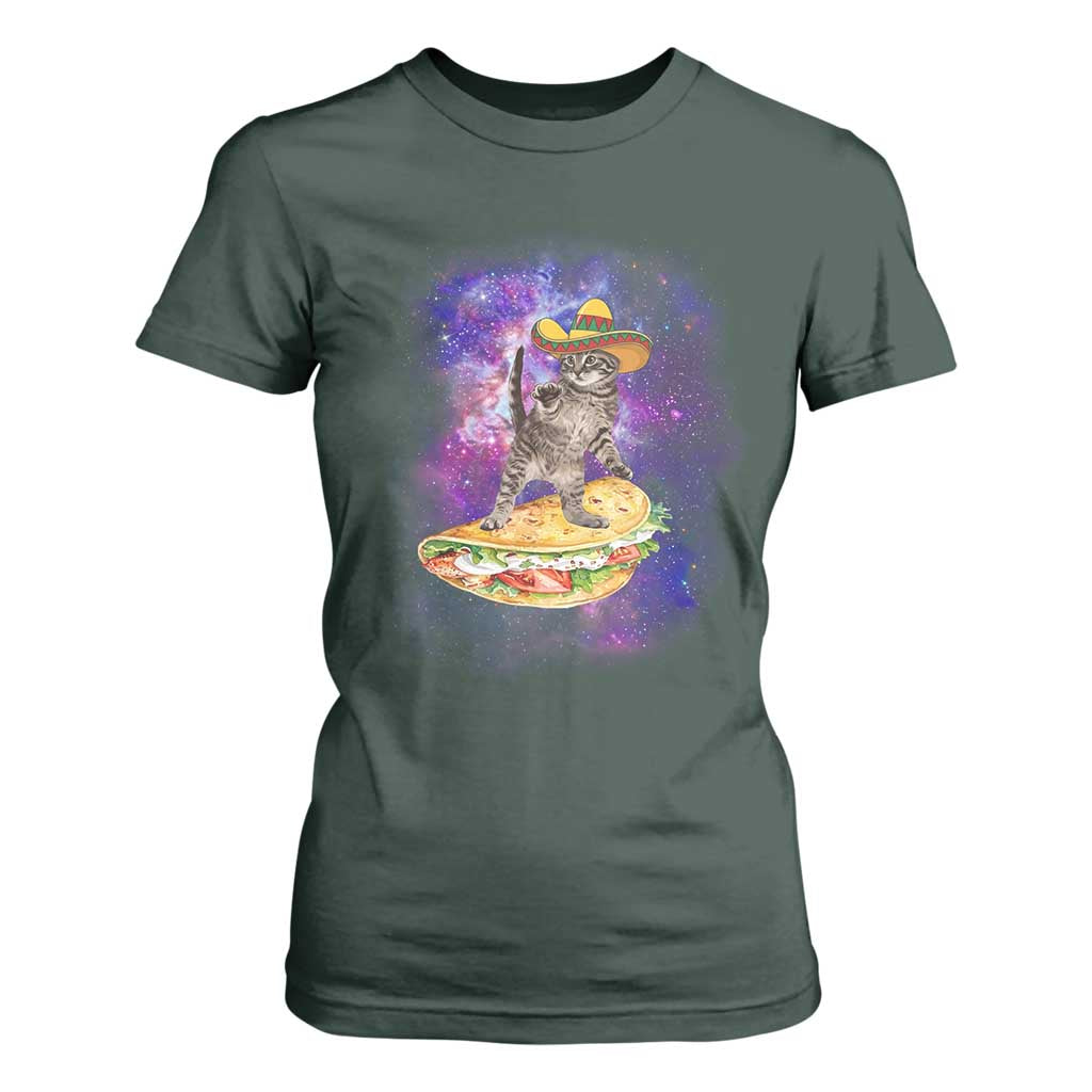 Funny Cinco De Mayo Cat T Shirt For Women Astronaut Kitten Flying A Taco TS12 Dark Forest Green Print Your Wear