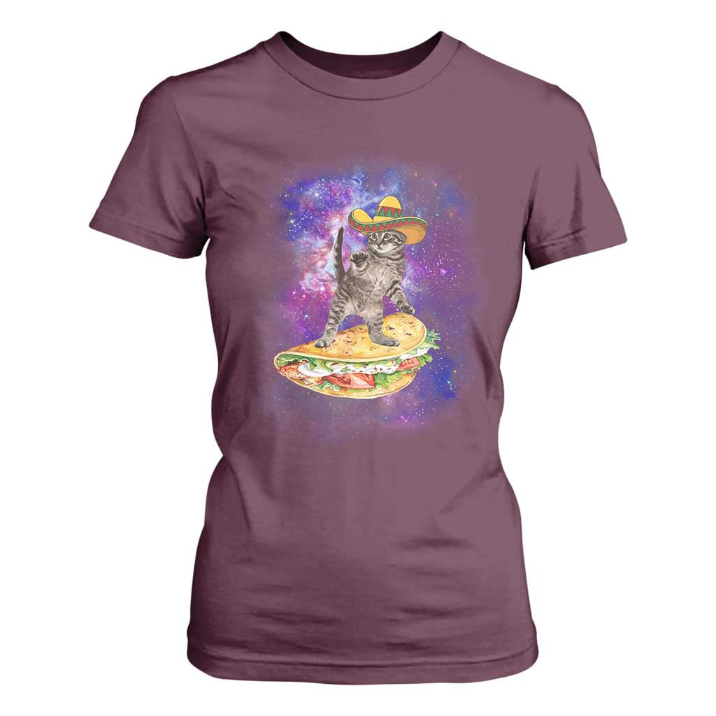 Funny Cinco De Mayo Cat T Shirt For Women Astronaut Kitten Flying A Taco TS12 Maroon Print Your Wear