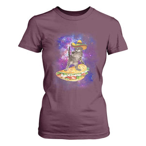 Funny Cinco De Mayo Cat T Shirt For Women Astronaut Kitten Flying A Taco TS12 Maroon Print Your Wear