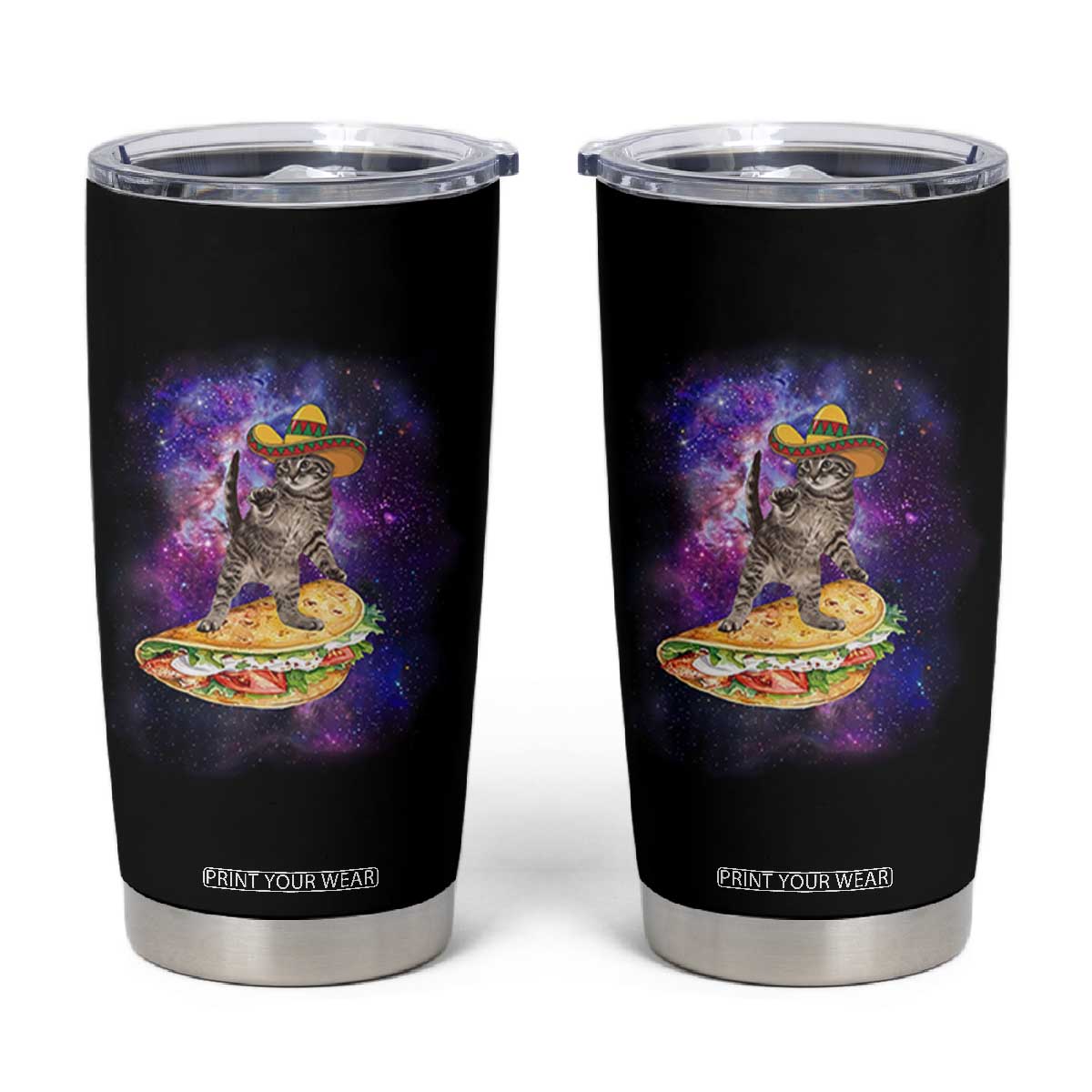 Funny Cinco De Mayo Cat Tumbler Cup Astronaut Kitten Flying A Taco TS12 Black Print Your Wear