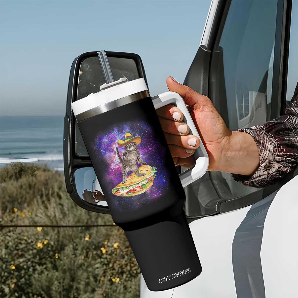 Funny Cinco De Mayo Cat Tumbler With Handle Astronaut Kitten Flying A Taco TS12 Print Your Wear