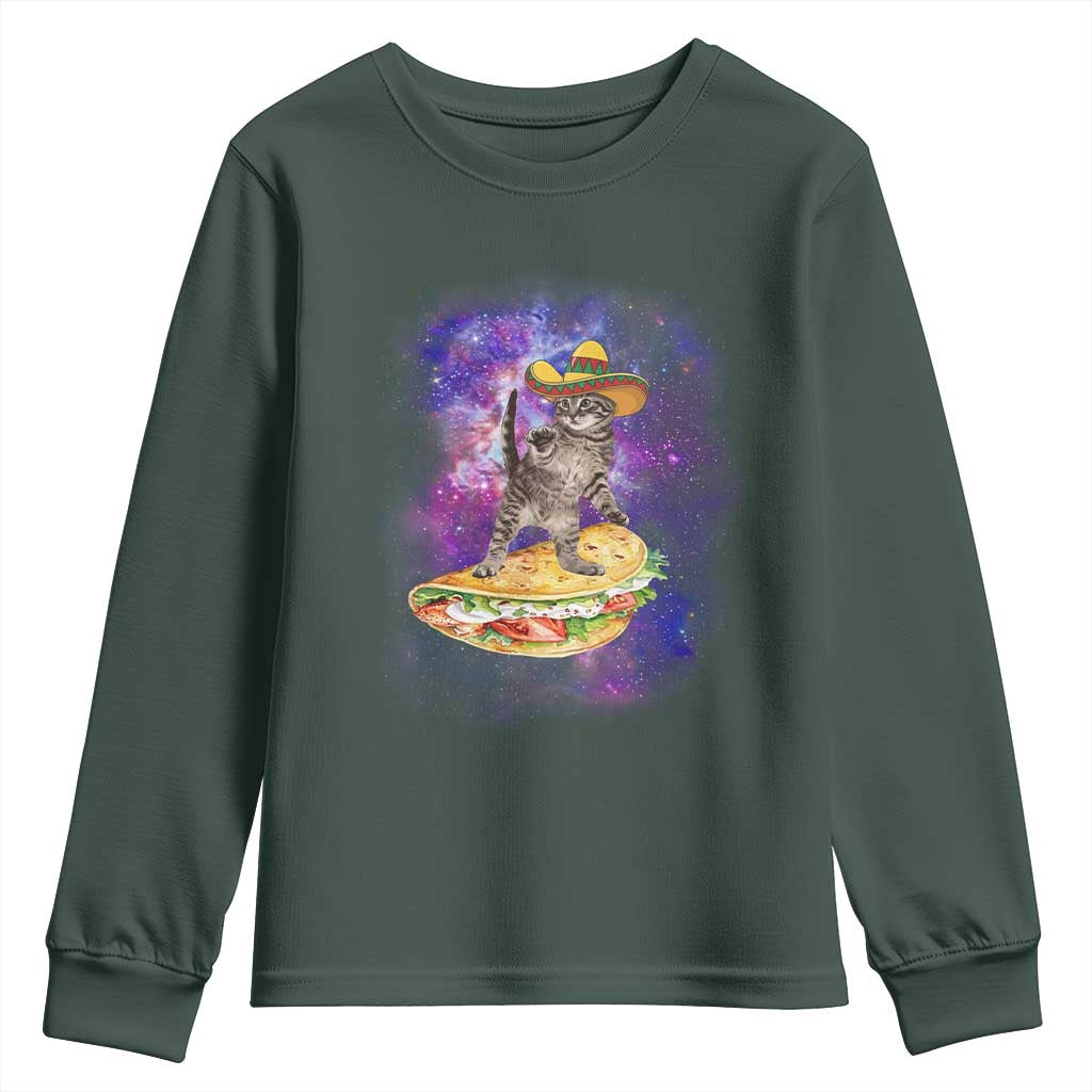 Funny Cinco De Mayo Cat Youth Sweatshirt Astronaut Kitten Flying A Taco TS12 Dark Forest Green Print Your Wear