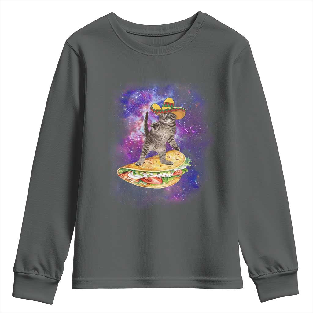 Funny Cinco De Mayo Cat Youth Sweatshirt Astronaut Kitten Flying A Taco TS12 Dark Heather Print Your Wear