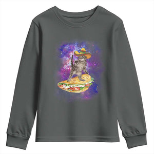 Funny Cinco De Mayo Cat Youth Sweatshirt Astronaut Kitten Flying A Taco TS12 Dark Heather Print Your Wear