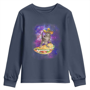 Funny Cinco De Mayo Cat Youth Sweatshirt Astronaut Kitten Flying A Taco TS12 Navy Print Your Wear