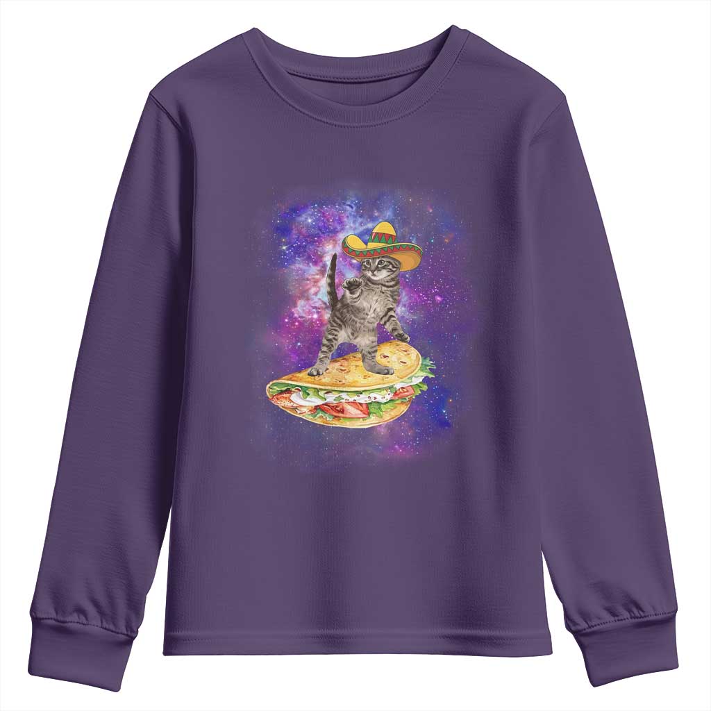 Funny Cinco De Mayo Cat Youth Sweatshirt Astronaut Kitten Flying A Taco TS12 Purple Print Your Wear