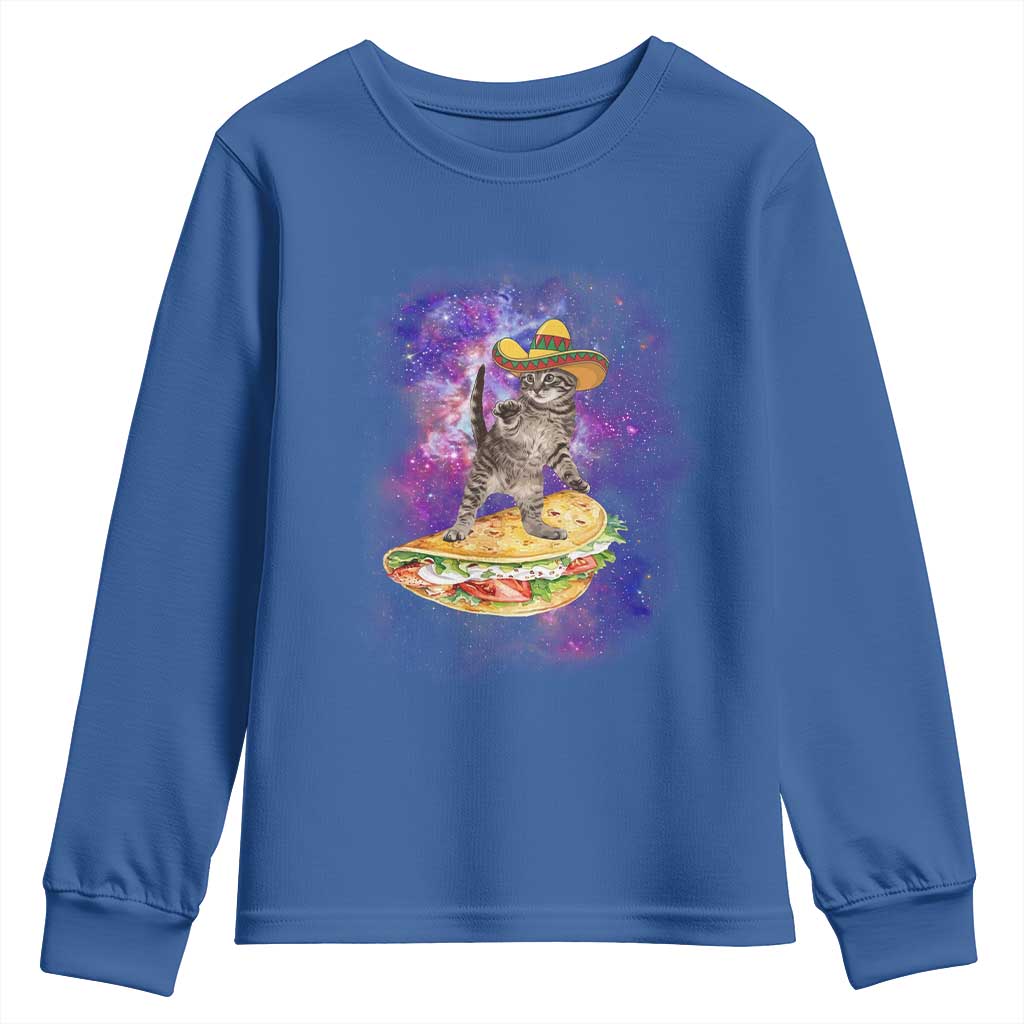 Funny Cinco De Mayo Cat Youth Sweatshirt Astronaut Kitten Flying A Taco TS12 Royal Blue Print Your Wear