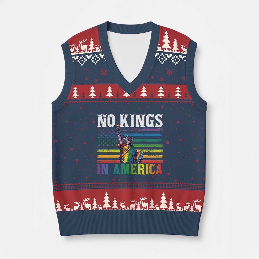 No Kings In America LGBT Pride V-Neck Knit Sweater Vest Anti Authoritarian Political TS12 Navy Red Print Your Wear