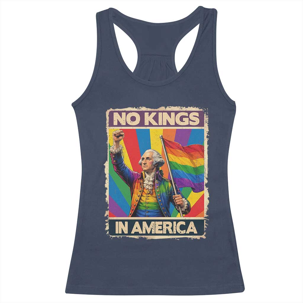 Funny Patriotic LGBT Graphic Racerback Tank Top No Kings In America TS12 Navy Print Your Wear