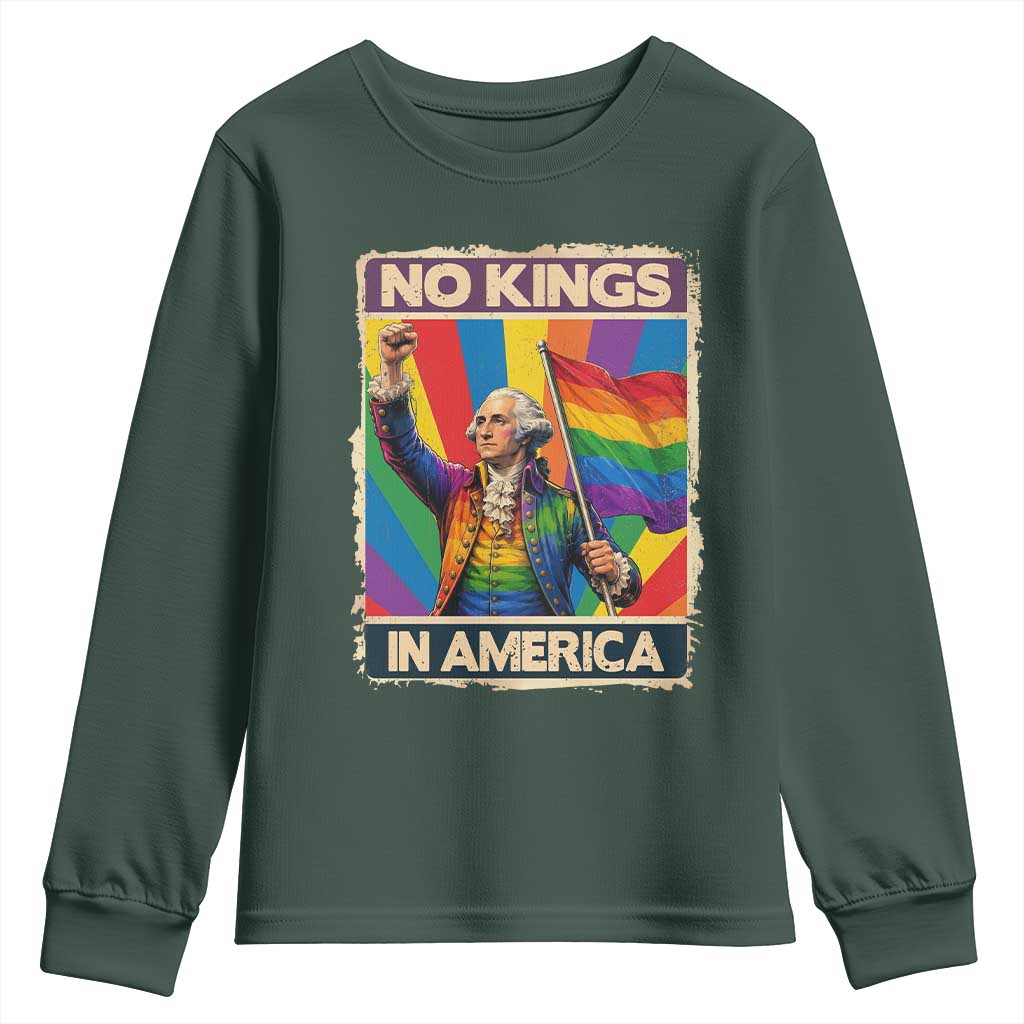 Funny Patriotic LGBT Graphic Youth Sweatshirt No Kings In America TS12 Dark Forest Green Print Your Wear