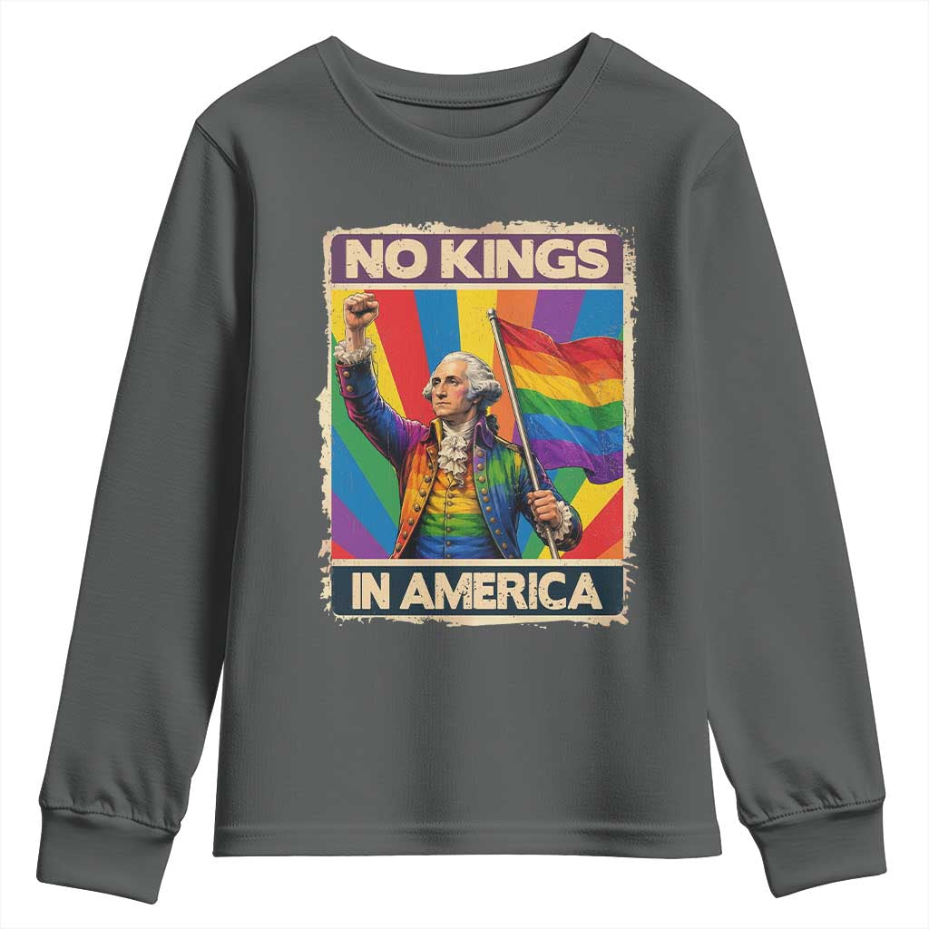 Funny Patriotic LGBT Graphic Youth Sweatshirt No Kings In America TS12 Dark Heather Print Your Wear