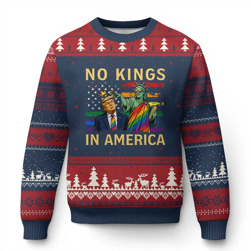 No Kings In America Statue Of Liberty Pride Ugly Christmas Sweater Humorous Political Gift TS12 Navy Red Print Your Wear