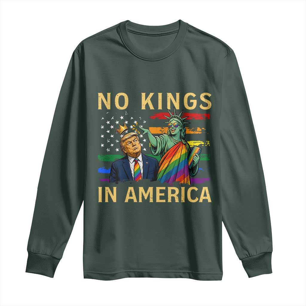 No Kings In America Statue Of Liberty Pride Long Sleeve Shirt Humorous Political Gift TS12 Dark Forest Green Print Your Wear